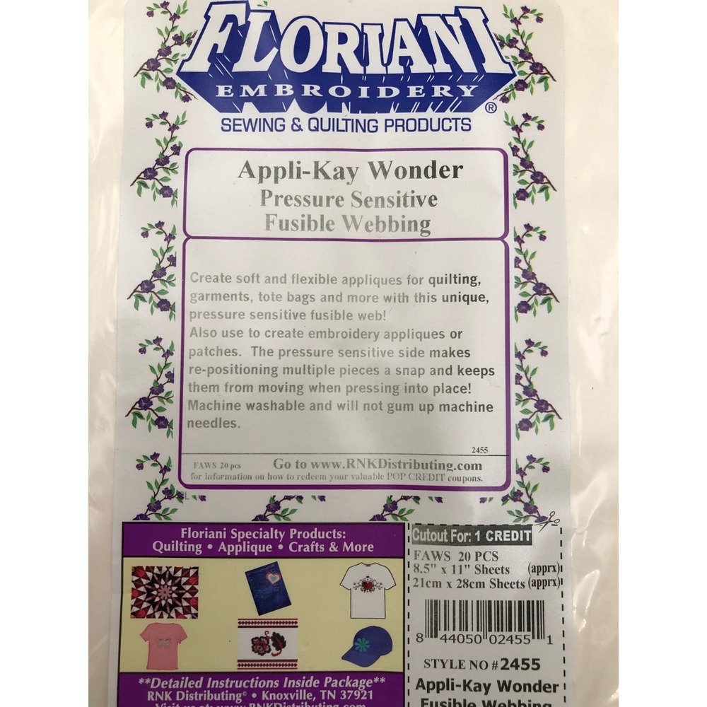 VTG Floriani Appli-Kay Wonder Fusible Webbing 20 Sheets 8.5x11 NOS 2455
